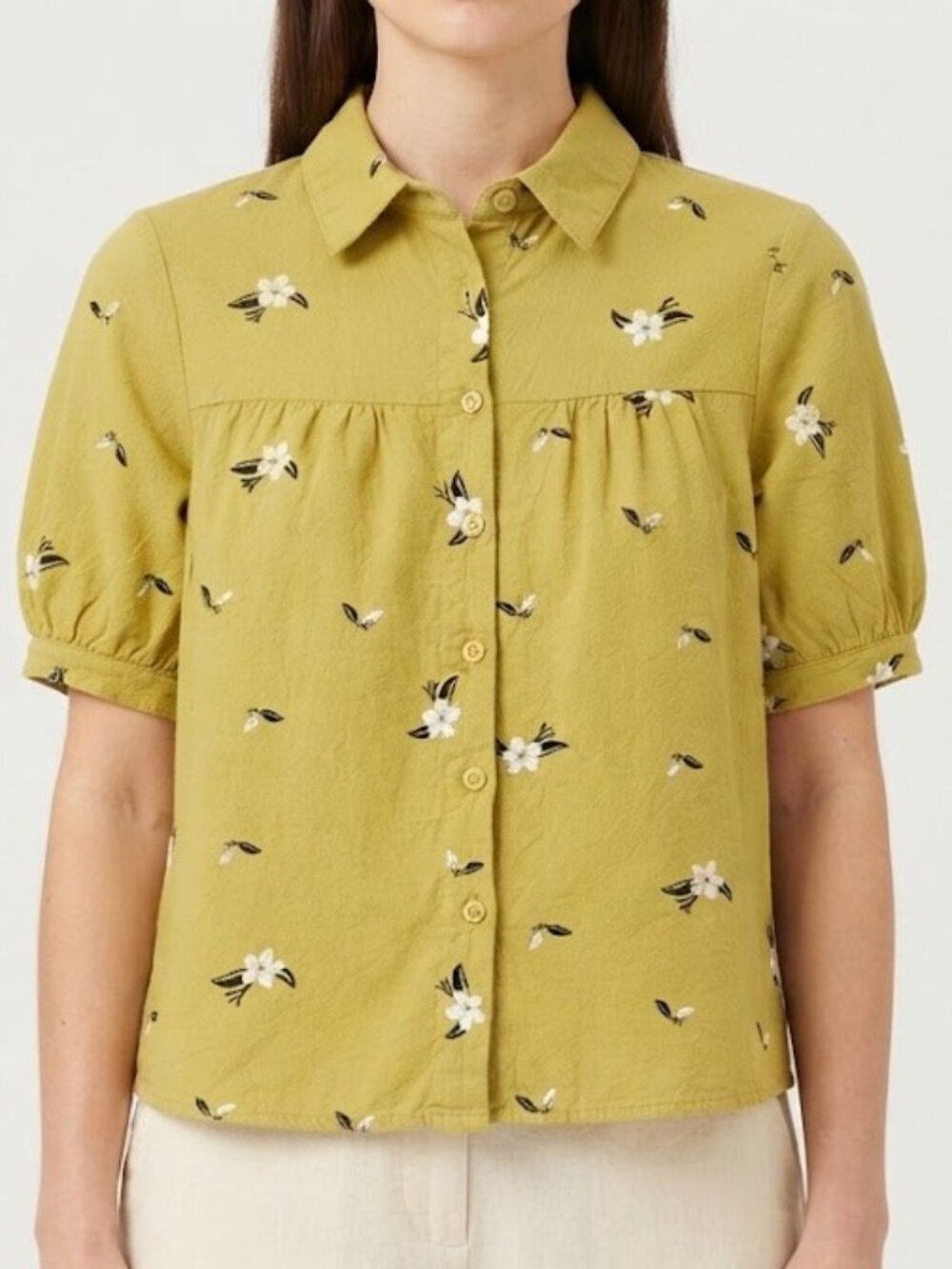 Yellow Floral Short-Sleeve Button-Down Blouse